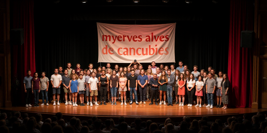a group of people standing on a stage with a banner behind them that says myerves alves de cancubie,