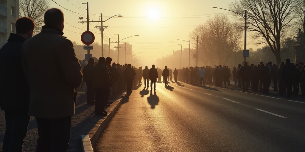 a group of people standing on the side of a road near a crowd of people standing on the side of the