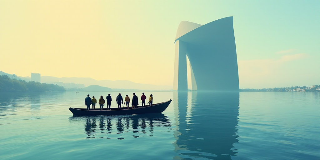 a group of people standing on a boat next to a body of water with a large object in the background,