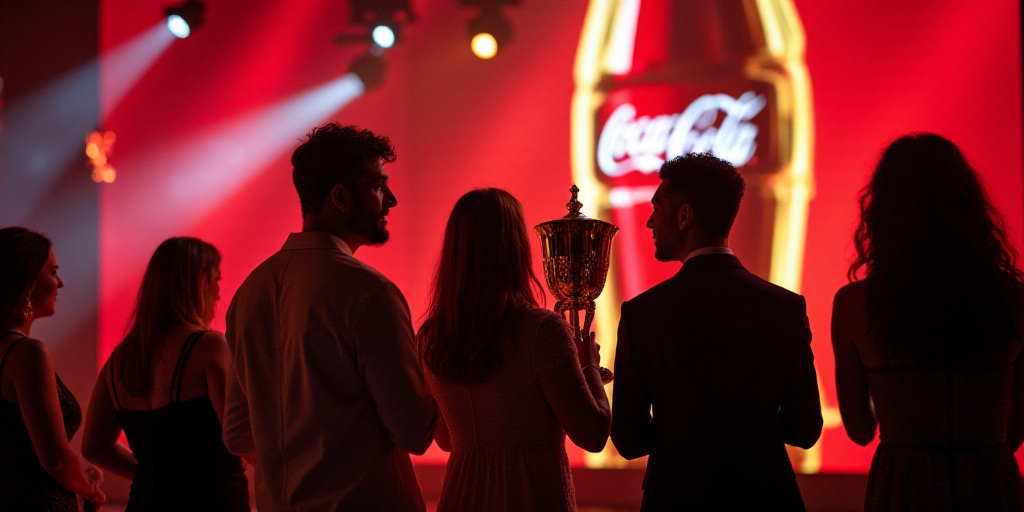 a group of people standing on a stage holding a trophy and a coke bottle in the background with a co