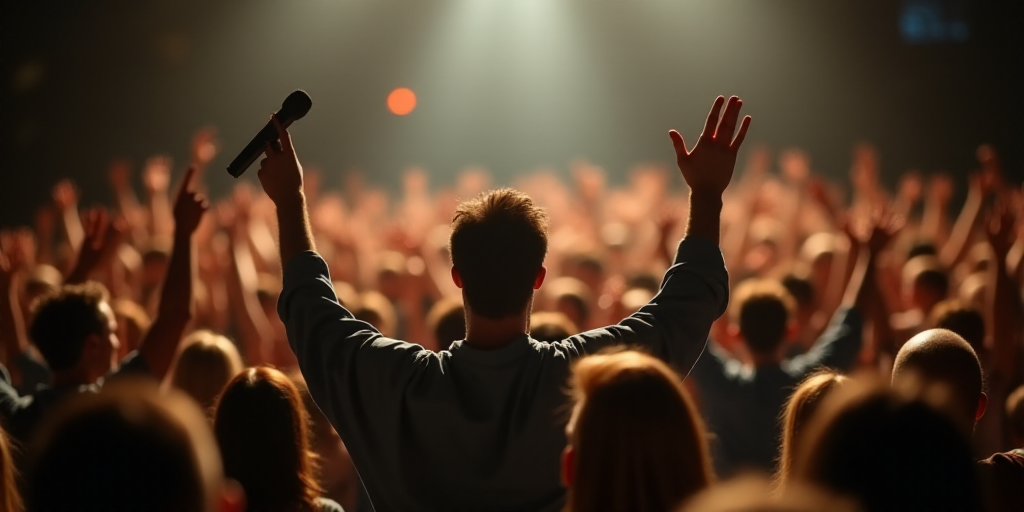 a group of people standing on a stage with their arms in the air and one person holding a microphone
