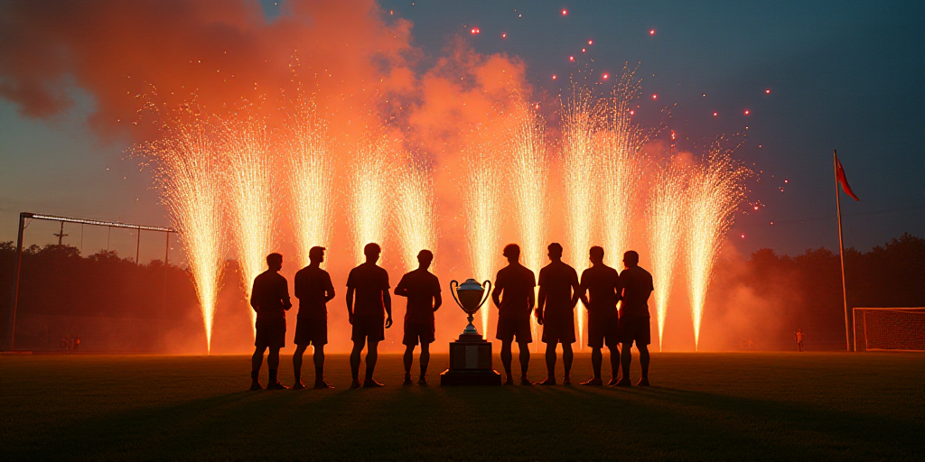 a group of people standing on top of a soccer field with a trophy in front of them and fireworks, Da