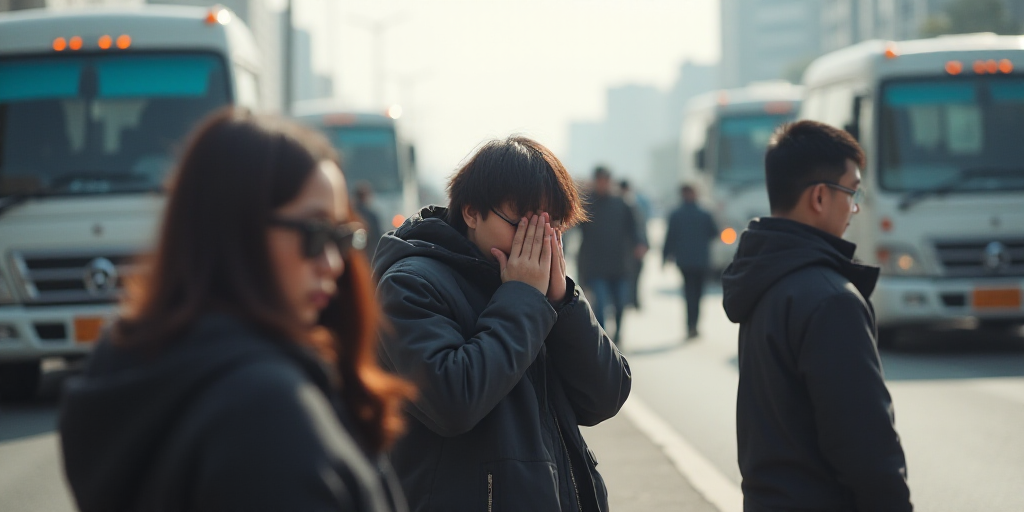 a group of people standing on the side of a road next to trucks and buses on the road and one person