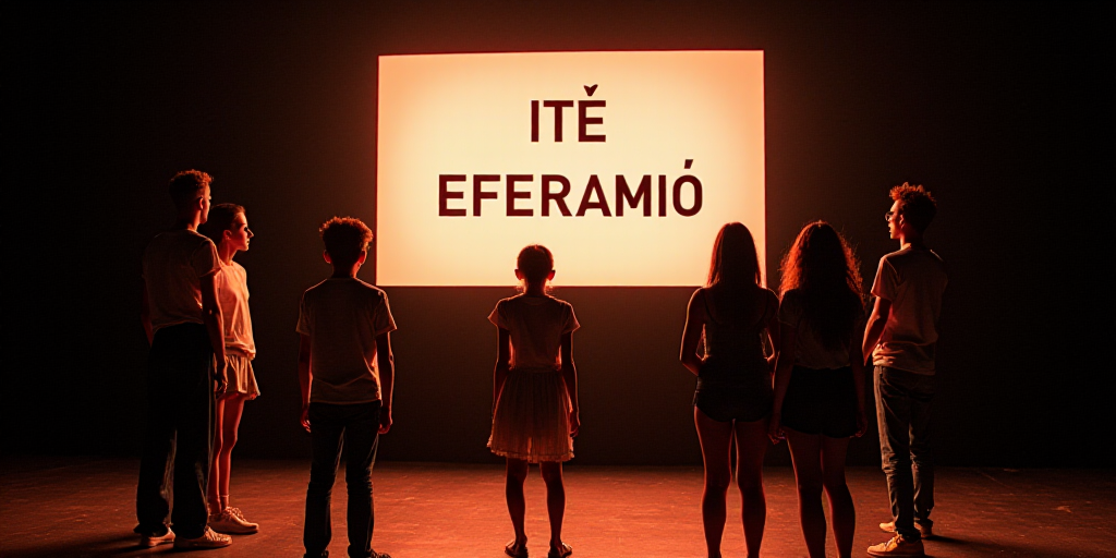 a group of people standing on a stage with a sign behind them that says ite eferamio, Celia Fiennes,