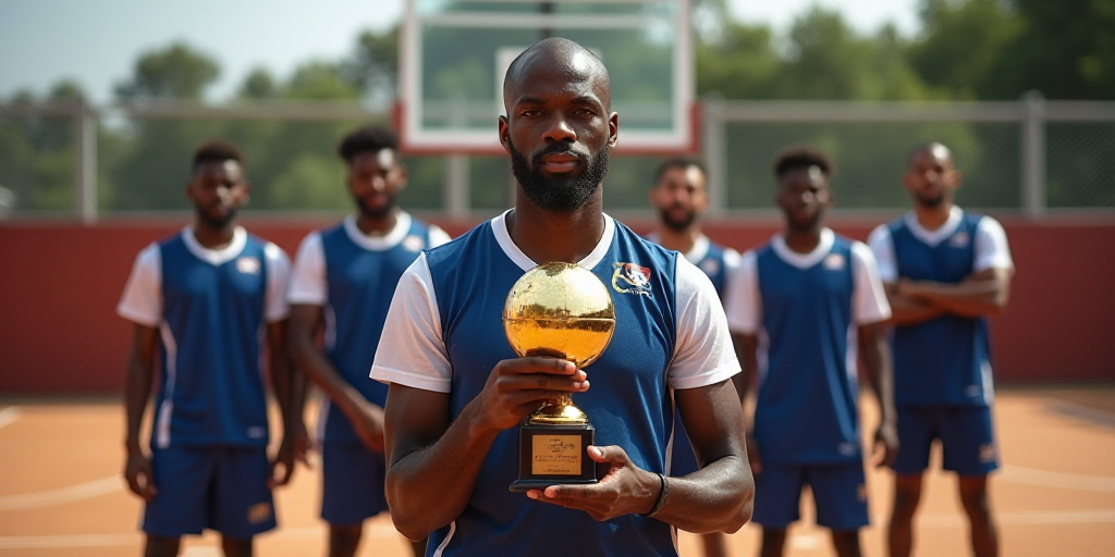 a group of people standing on top of a basketball court holding a trophy in front of them with their