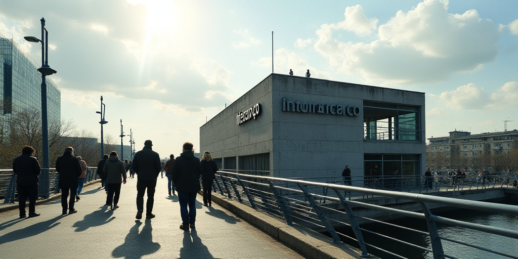 a group of people standing on a bridge near a building with a sign that says intercam co on it, Bern