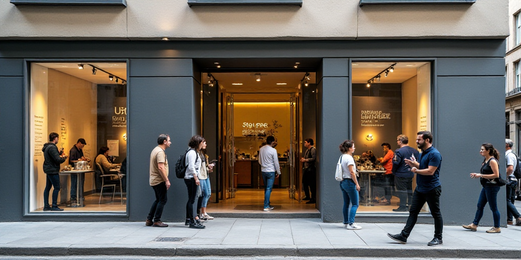 a group of people standing outside of a building with a sign on it's side and a man standing on the
