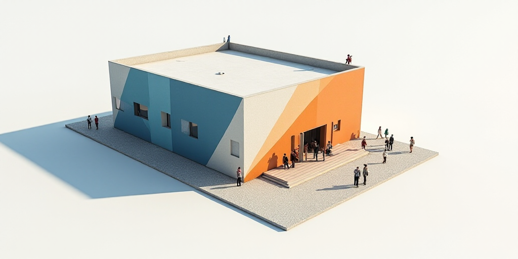 a group of people standing outside of a building with a blue and orange design on it's side, Florenc