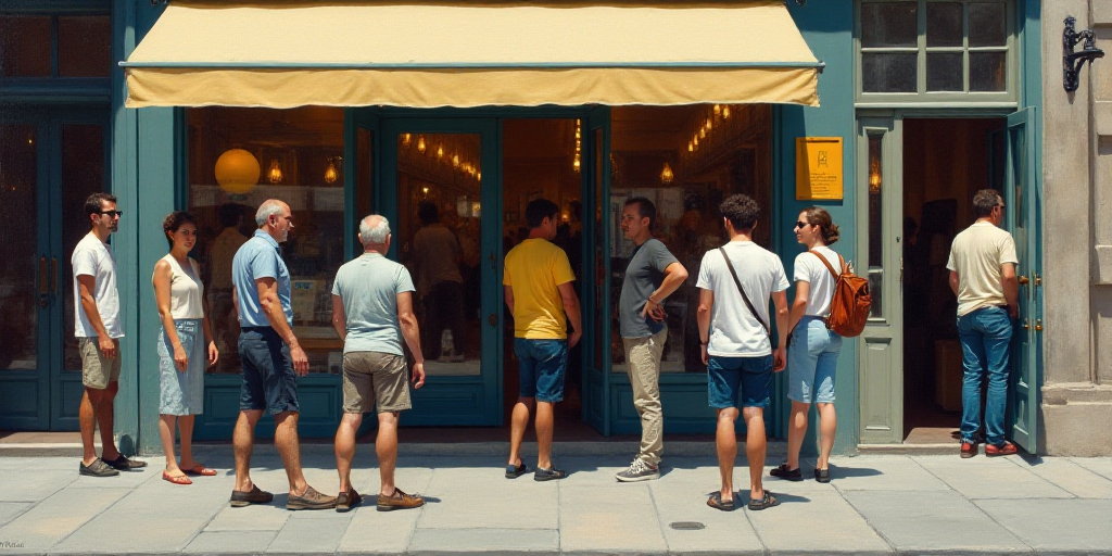 a group of people standing outside of a store front with a man walking by the entrance of the store,