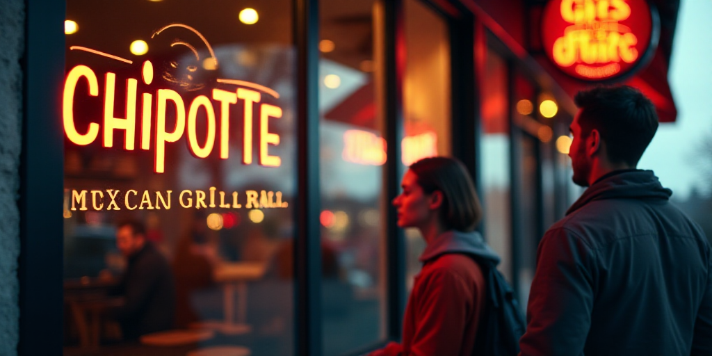 a group of people standing outside of a restaurant window with a sign on it that says chipotte mexic