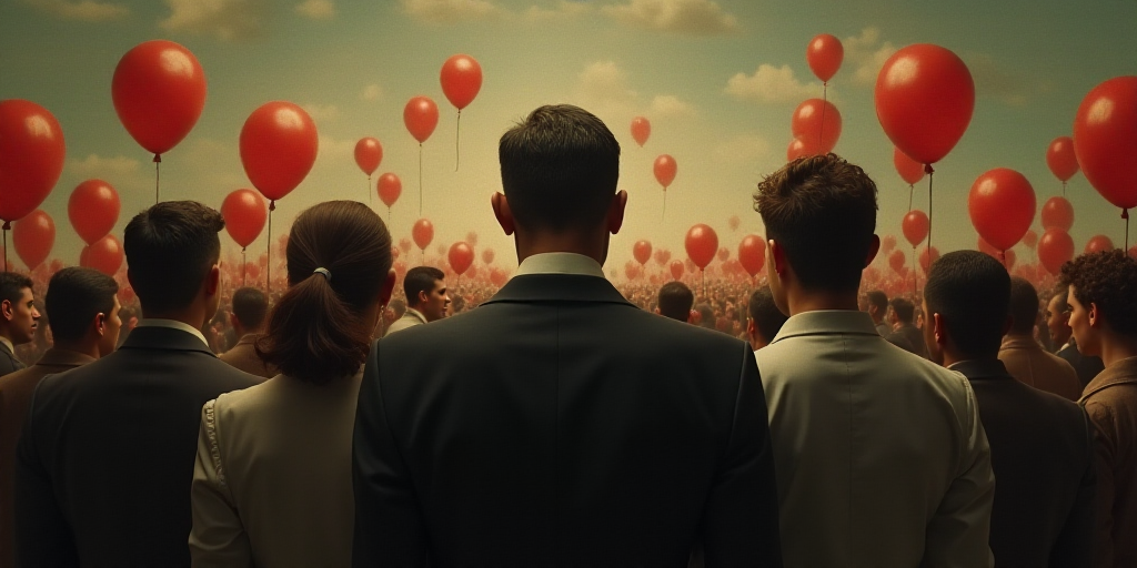 a group of people standing together in front of a crowd of people with balloons in the background an