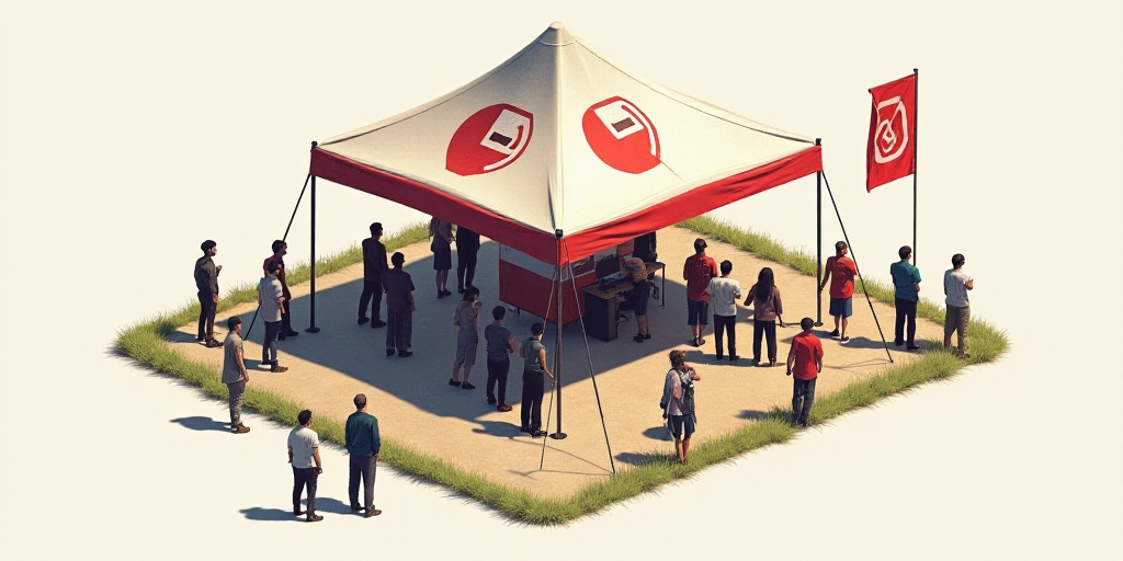 a group of people standing under a tent with a logo on it and a red and white sign above it, Edi Ram