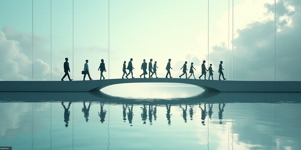 a group of people walking across a bridge over water with a sky background and a reflection of them
