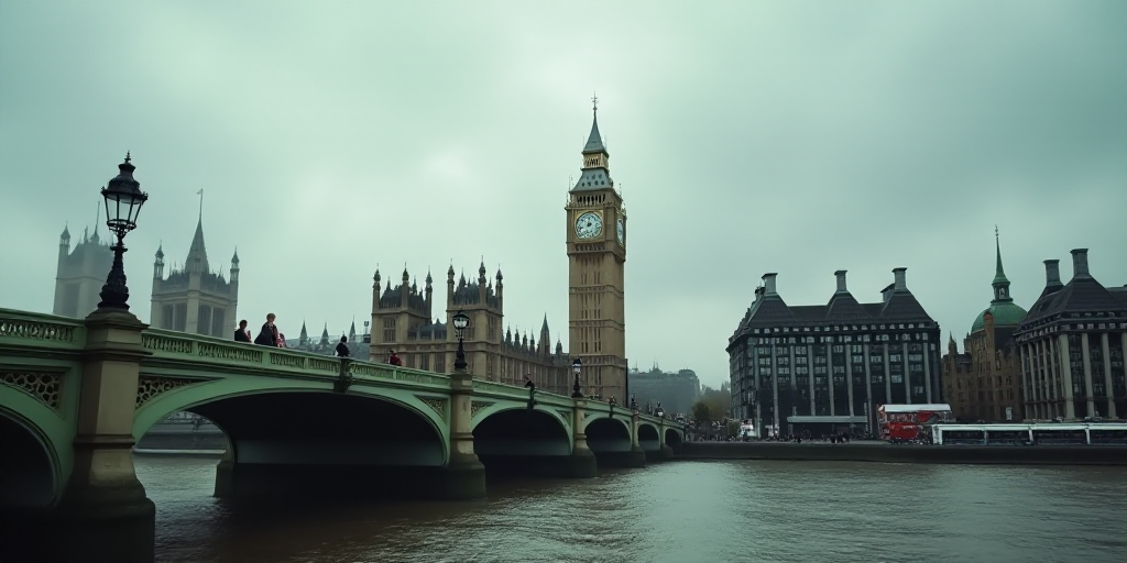 a group of people walking across a bridge near a clock tower in london, england, on a cloudy day, Ch