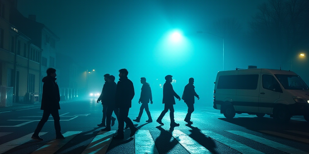 a group of people walking across a street next to a cross walk with a blue light above them and a wh