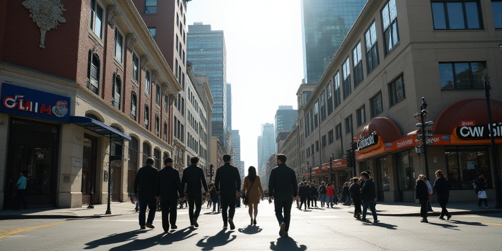a group of people walking down a street next to a building with a sign on it that says gm silao, Dav