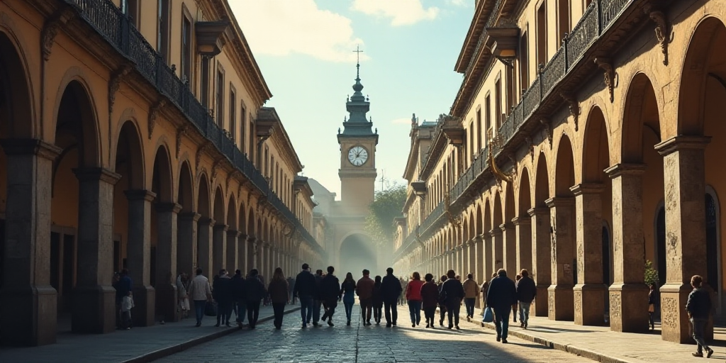 a group of people walking down a street next to tall buildings with clocks on them and a clock tower