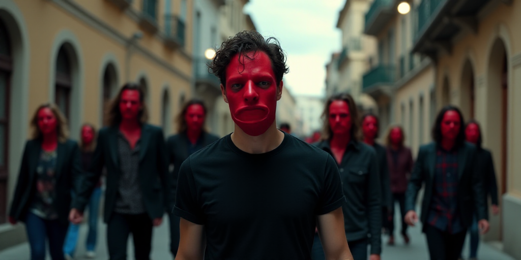 a group of people walking down a street with a red mask on their face and a man in a black shirt, Ar