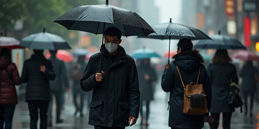 a group of people walking down a street holding umbrellas in the rain, with a person wearing a face