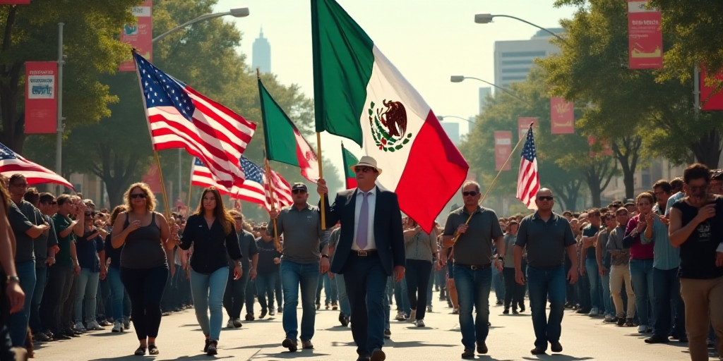 a group of people walking down a street holding flags and a flag banner in the shape of a mexican am
