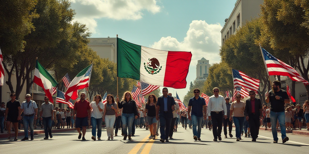 a group of people walking down a street holding flags and a flag banner in the shape of a mexican am