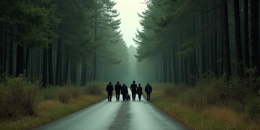 a group of people walking down a road next to a forest with trees and bushes on both sides of the ro