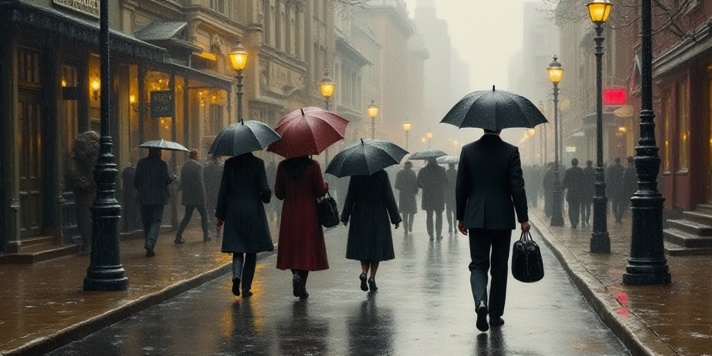 a group of people walking down a street in the rain with umbrellas over their heads and a man with a