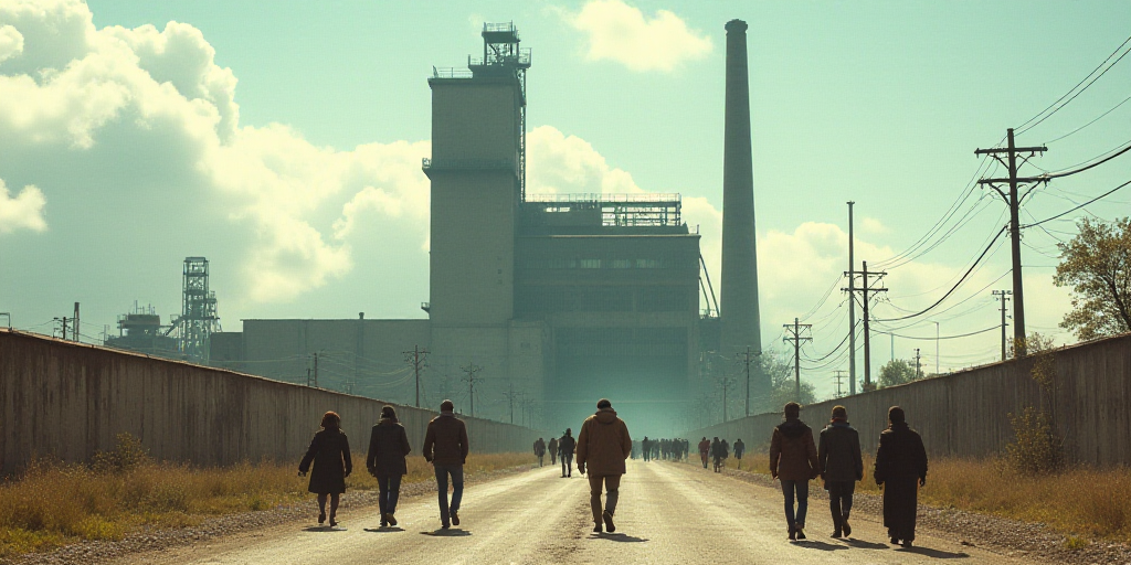 a group of people walking in front of a factory building with a large tower in the background and a