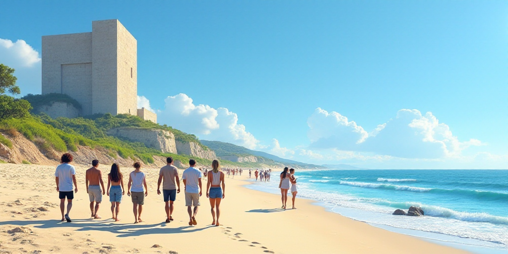 a group of people walking on a beach next to the ocean with a building in the background and a blue