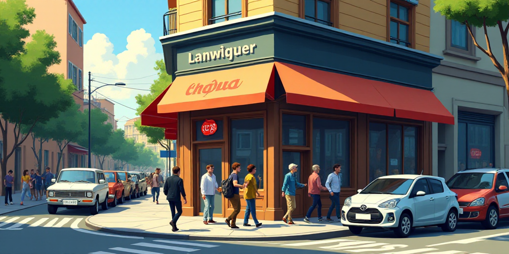 a group of people walking past a shop sign on a street corner with cars parked in the background and