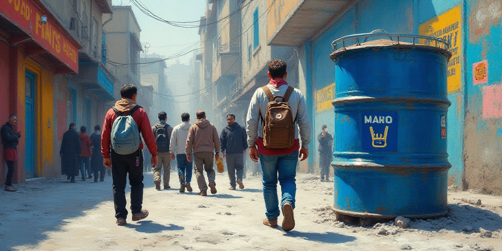a group of people walking past a blue barrel with a logo on it and a blue and white sign, Dahlov Ipc