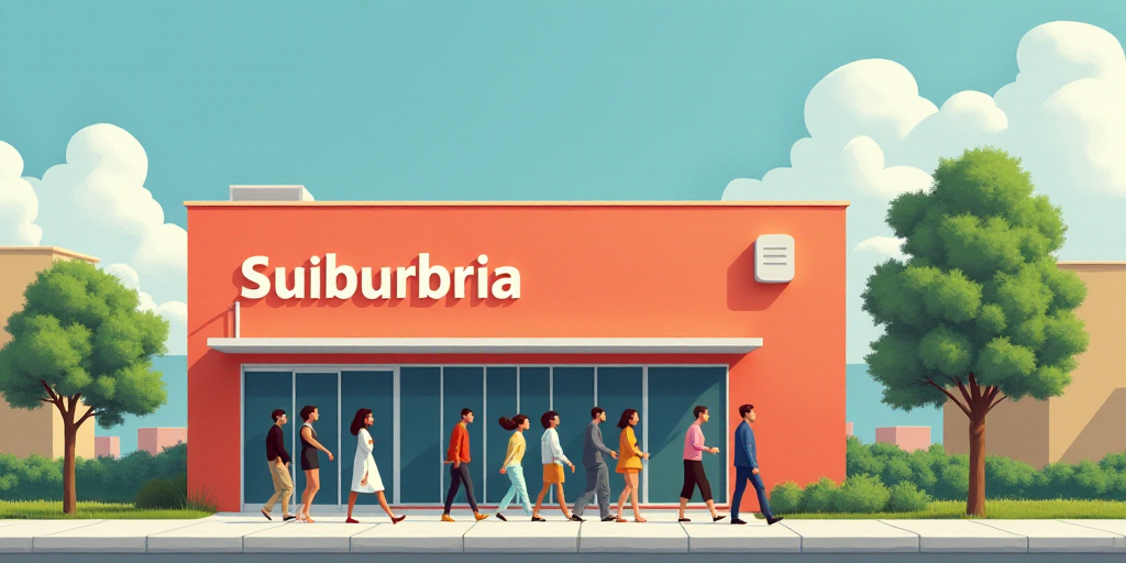 a group of people walking past a building with a sign on it's side that says suburbia, Federico Urib
