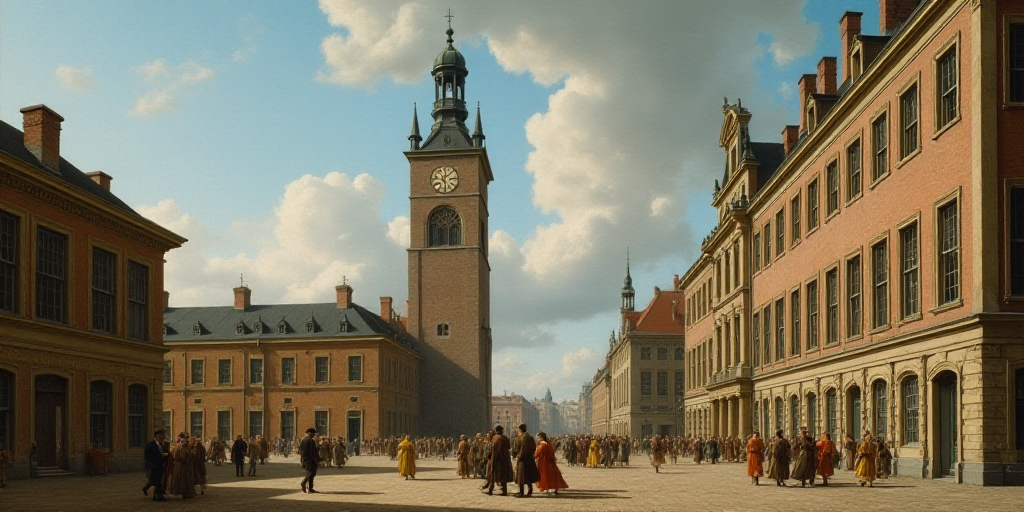 a group of people walking past a tall building with a clock on it's side and a clock on the front of