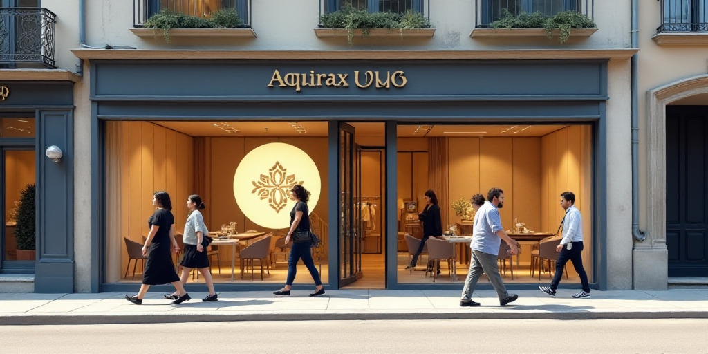 a group of people walking past a store front with a logo on it's side window and a store front, Aqui