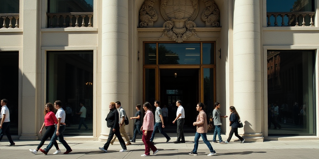 a group of people walking past a bank building with a sign that says bolsos mexicanes de valores, Es