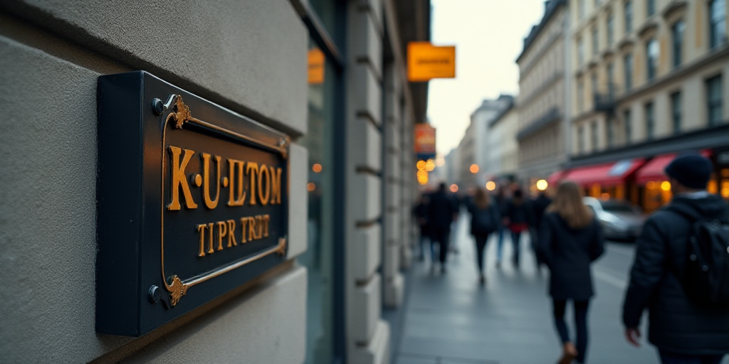 a group of people walking past a wall street sign on a building with a gold lettering on it's side,