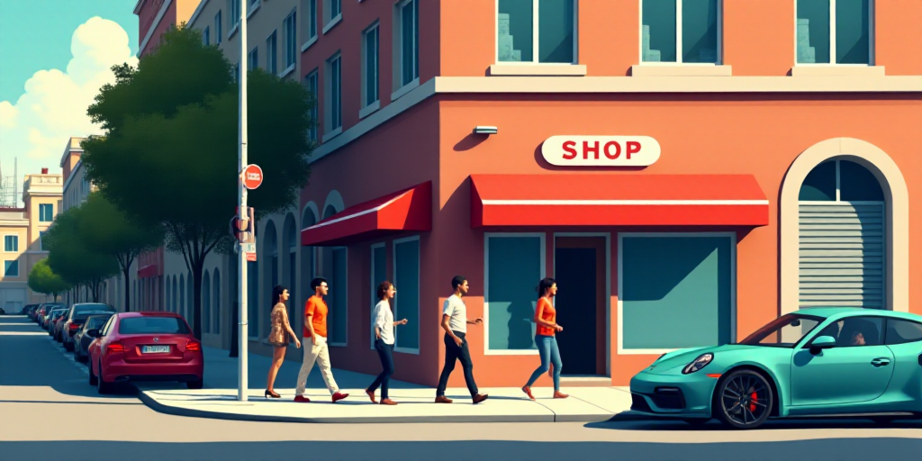 a group of people walking past a shop sign on a street corner with cars parked in the background and