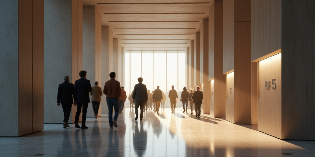 a group of people walking through a lobby next to a wall with a sign that says 5 on it, Ceferí Oliv