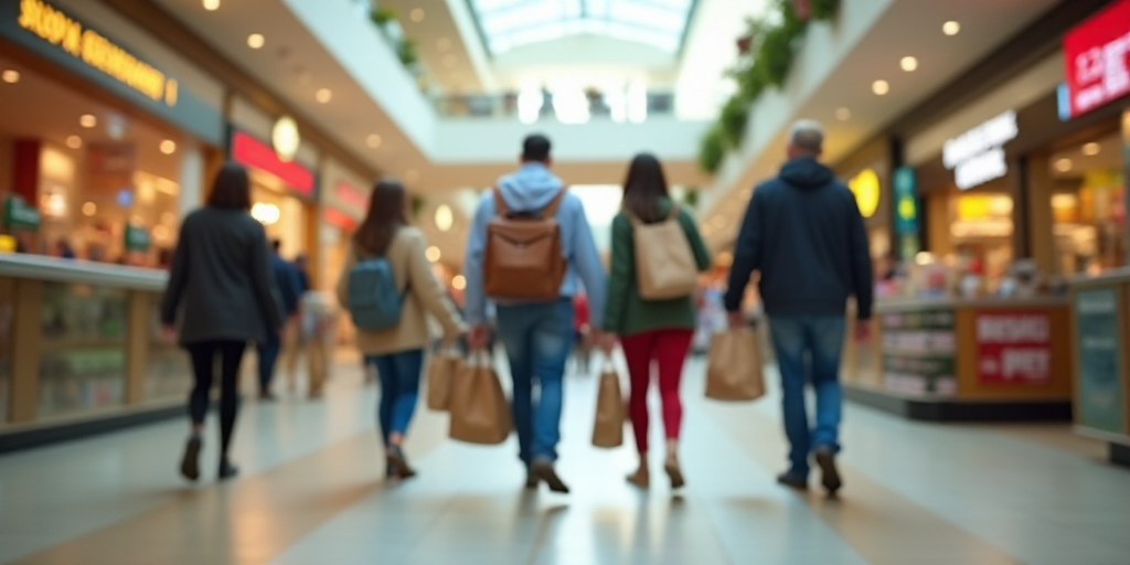 a group of people walking through a mall carrying bags of groceries and shopping bags of food and dr