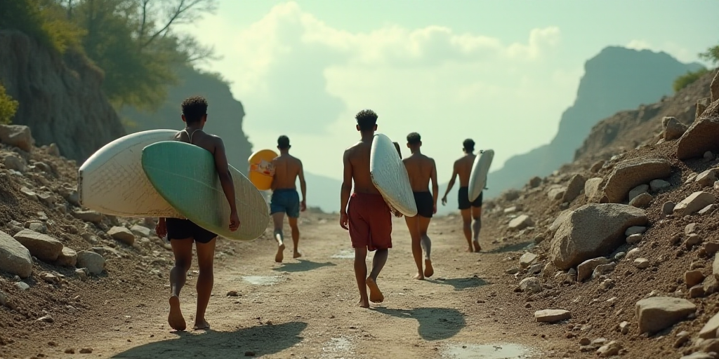 a group of people walking through a rubble covered area with surfboards on their backs and a man car