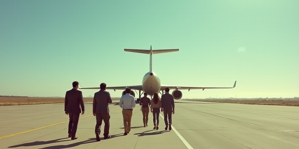 a group of people walking towards a plane on a runway with a sky background and a plane in the backg