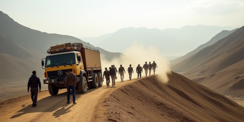 a group of people walking up a hill with a truck in the background and a mountain in the background,