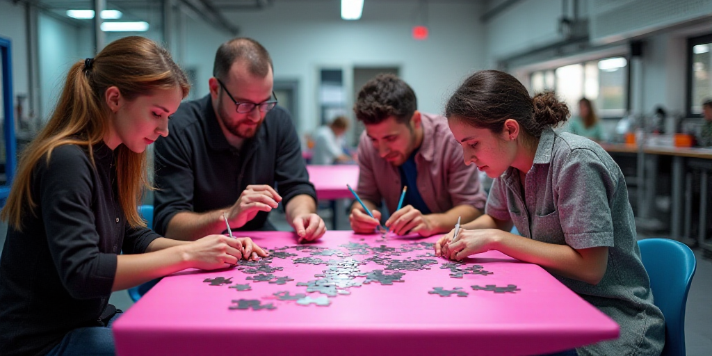 a group of people working on a project together in a factory or workshop with a pink table and a pin