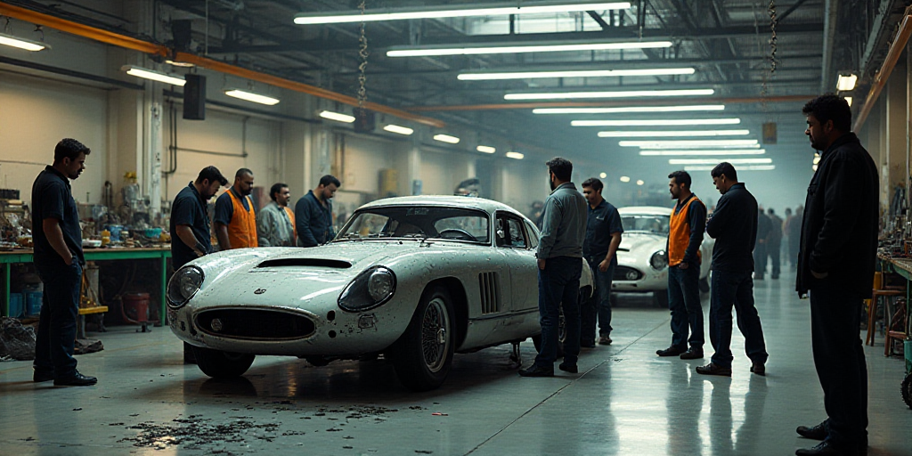a group of people working on a car in a factory area with workers standing around and looking at the