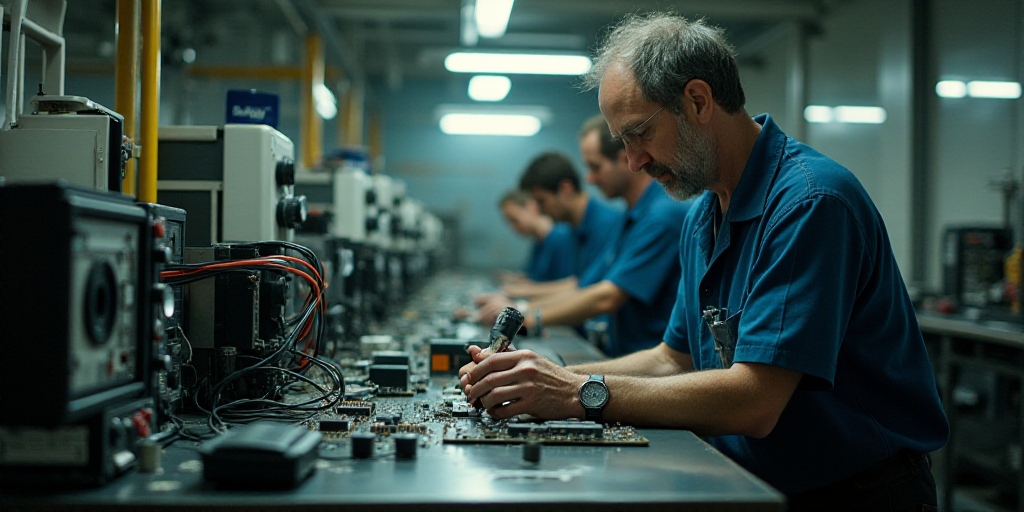a group of people working on electronics in a factory or assembly line, with one man holding a devic