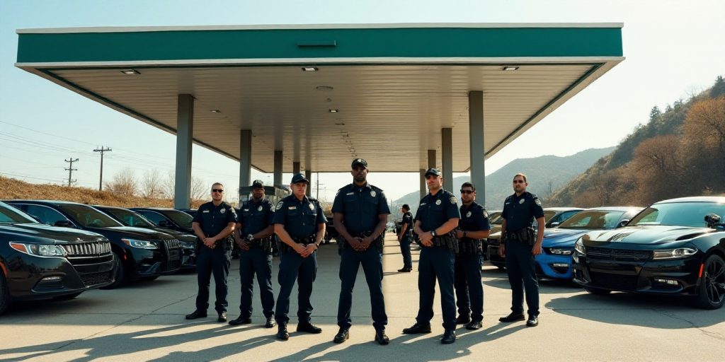 a group of police officers standing in front of a gas station with their vehicles parked in front of