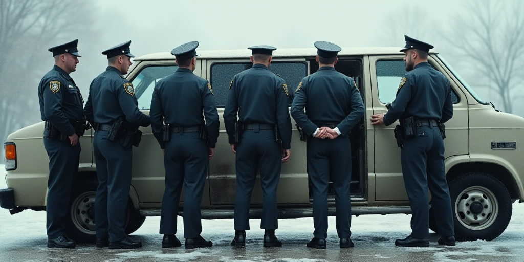 a group of police officers standing next to a van with their hands in the door of the van and one ma