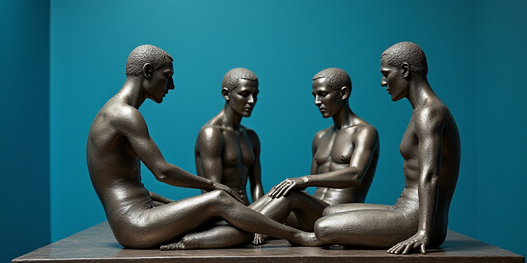 a group of silver statues sitting next to each other on a table with a blue background and a blue wa