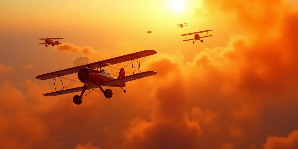 a group of small airplanes flying through a sky filled with orange smoke and flames in the backgroun