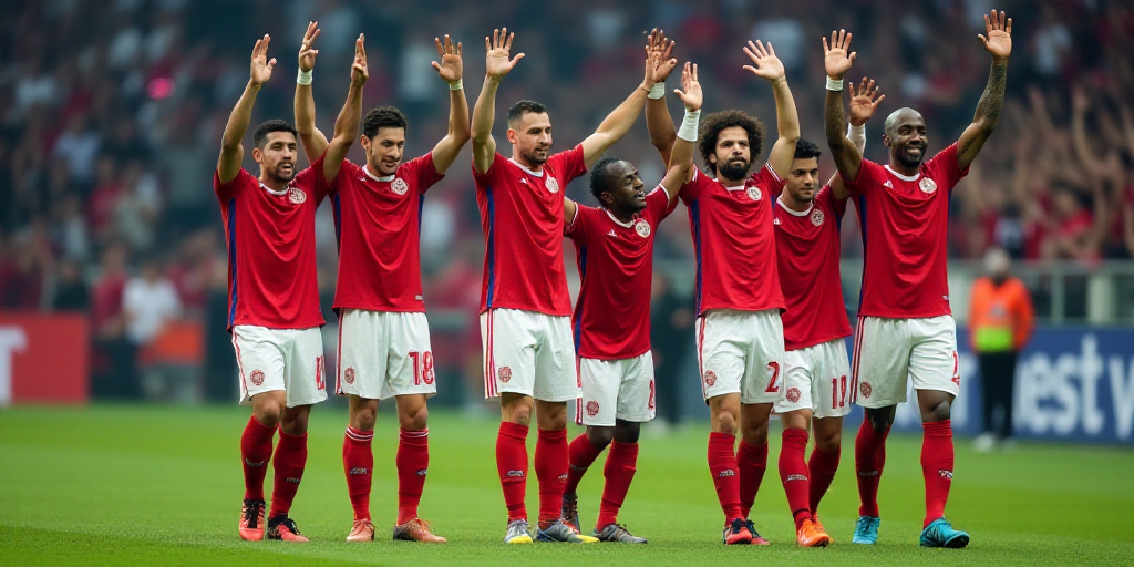 a group of soccer players are celebrating a victory on the field with their hands in the air and the